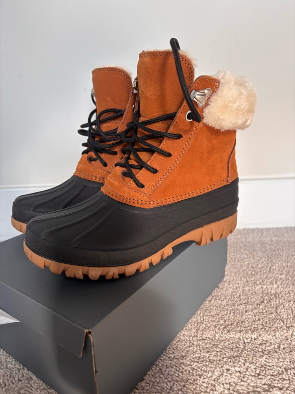Rust Suede & Black Rubber Winter Duck Boots with Faux Fur